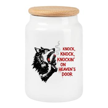Wolf head with pistol motif - Cookie Jar with Wooden Lid - white - Front