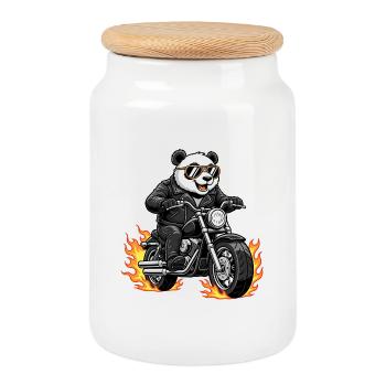 Cool Biker Panda Motorcycle Flames - Cookie Jar with Wooden Lid - white - Front