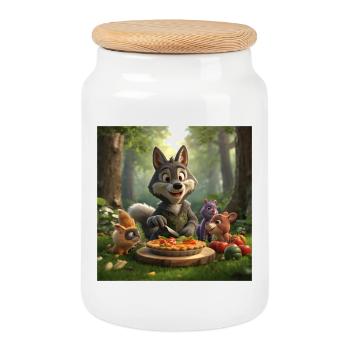 wolf, grey wolf, plush wolf - Cookie Jar with Wooden Lid - white - Front