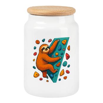 Bouldering Sloth Climbing Boulder Climber - Cookie Jar with Wooden Lid - white - Front