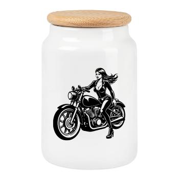Fille moto sexy - Boîte à biscuits avec couvercle en bois - blanc - Devant