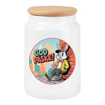 Easter Bunny in the city corner - Happy Easter with the Easter Bunny - Cookie Jar with Wooden Lid - white - Front