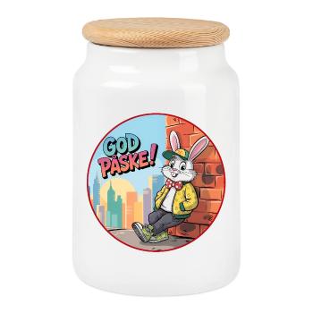 Le lapin de Pâques est en ville ! - Boîte à biscuits avec couvercle en bois - blanc - Devant