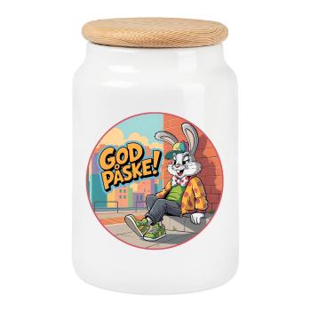 Frohe Ostern mit dem lustigen Osterhasen! - Keksdose mit Holzdeckel - Weiß - Vorne