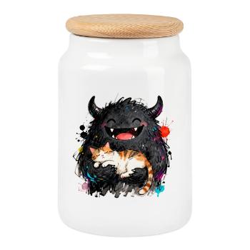 Monstre rieur câlin avec un chat dans les bras - Boîte à biscuits avec couvercle en bois - blanc - Devant