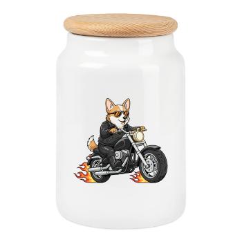 Motos moto Corgi motards Cool Flames - Boîte à biscuits avec couvercle en bois - blanc - Devant