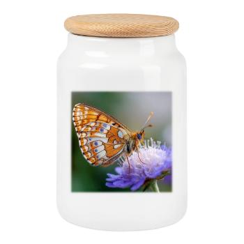 Mother-of-pearl butterfly on purple flower macro - Cookie Jar with Wooden Lid - white - Front