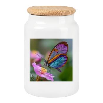 Iridescent butterfly on delicate flower - Cookie Jar with Wooden Lid - white - Front