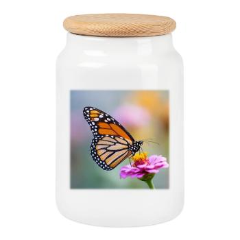 Monarch Butterfly on Verbena Macro - Cookie Jar with Wooden Lid - white - Front