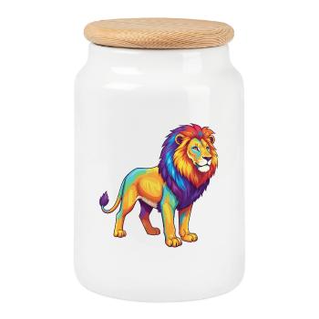Bunte Löwen-Regenbogen-Pop-Art-Aquarell - Keksdose mit Holzdeckel - Weiß - Vorne