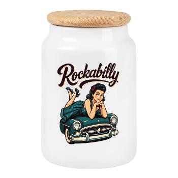 Rockabilly Vintage Car Pin Up Girl Gift - Cookie Jar with Wooden Lid - white - Front