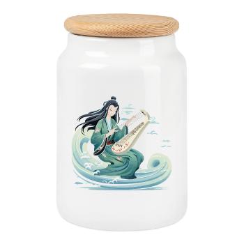 Maître du Guqin sur la Vague de la Mer - Boîte à biscuits avec couvercle en bois - blanc - Devant