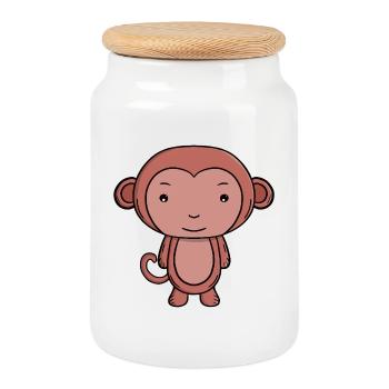 Mignon, singe brun Kawaii Animal de la jungle - Boîte à biscuits avec couvercle en bois - blanc - Devant