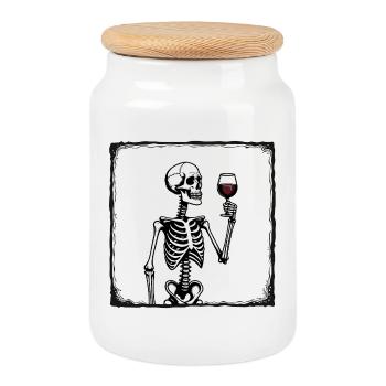 Skeleton with Wine Glass Vintage Wine Connoisseur - Cookie Jar with Wooden Lid - white - Front