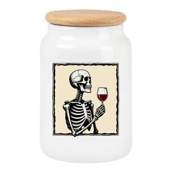 Skeleton with wine glass - Cookie Jar with Wooden Lid - white - Front