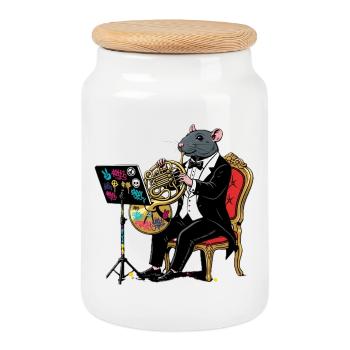 S-Horn Jazzrat in Tuxedo with Tuba - Cookie Jar with Wooden Lid - white - Front
