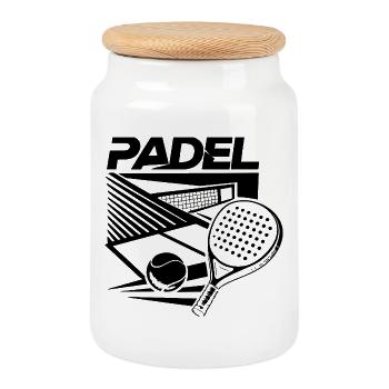 Padel Court & Racket – Sport Design Black and White - Cookie Jar with Wooden Lid - white - Front
