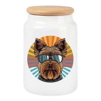 Yorkie avec lunettes de soleil rétro soleil - Boîte à biscuits avec couvercle en bois - blanc - Devant