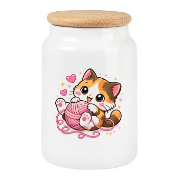 Cute Kitten with Yarn Ball – Kawaii Cat - Cookie Jar with Wooden Lid - white - Front