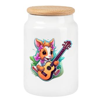 Rabbit with Guitar and Flowers - Cookie Jar with Wooden Lid - white - Front