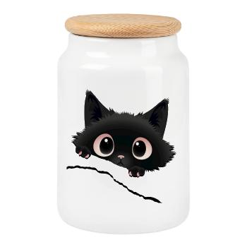 Kawaii black kitten poking out his gaze - Cookie Jar with Wooden Lid - white - Front