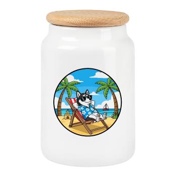 Ambiances estivales de vacances husky fraîches - Boîte à biscuits avec couvercle en bois - blanc - Devant