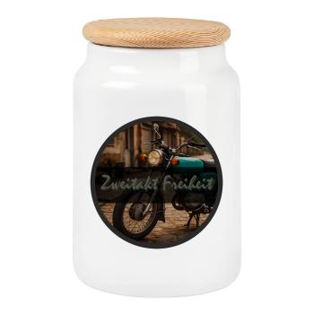 Vintage Motorcycle Freedom - Cookie Jar with Wooden Lid - white - Front