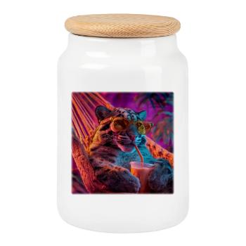 Hamac léopard chillé style néon - Boîte à biscuits avec couvercle en bois - blanc - Devant