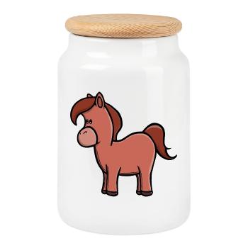 Cute Brown Horse Kawaii Pony Cartoon - Cookie Jar with Wooden Lid - white - Front