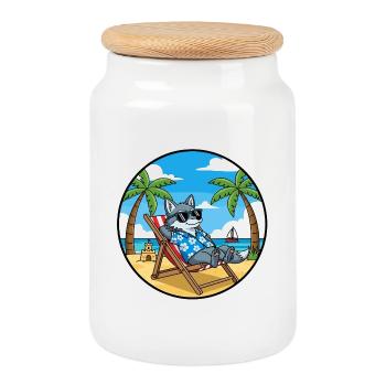 Cool Wolf Beach Vacation Summer Vibes - Cookie Jar with Wooden Lid - white - Front