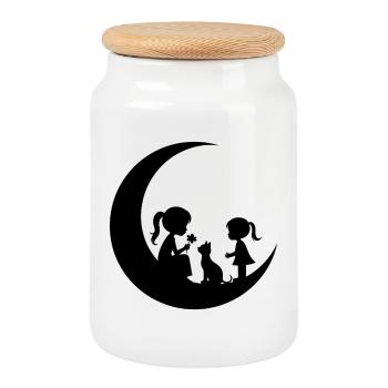 Mädchen Blume Katze auf dem Mond Silhouette - Keksdose mit Holzdeckel - Weiß - Vorne