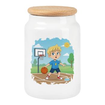 Bouno joue au basket - Petit Sportif Comic - Boîte à biscuits avec couvercle en bois - blanc - Devant