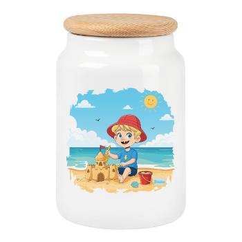 Bouno the little adventurer on the beach - Cookie Jar with Wooden Lid - white - Front