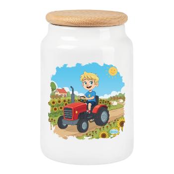 Bouno le petit aventurier sur le tracteur - Boîte à biscuits avec couvercle en bois - blanc - Devant