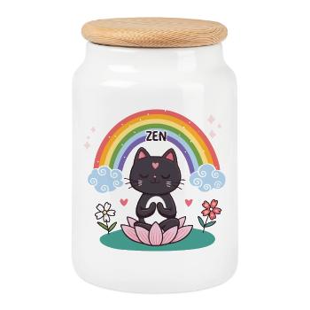 Zen-Katze auf Lotus und Regenbogen - Keksdose mit Holzdeckel - Weiß - Vorne