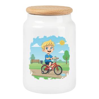 Bouno rides a bike - Little adventurer on the road - Cookie Jar with Wooden Lid - white - Front