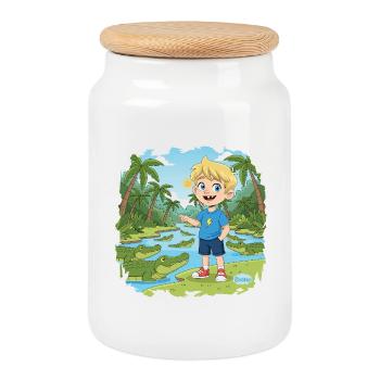 Bouno l’Aventurier dans le Marais des Crocodiles - Boîte à biscuits avec couvercle en bois - blanc - Devant