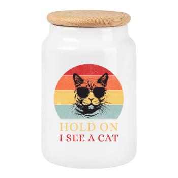 Attends, je vois un chat – Retro Katze - Boîte à biscuits avec couvercle en bois - blanc - Devant