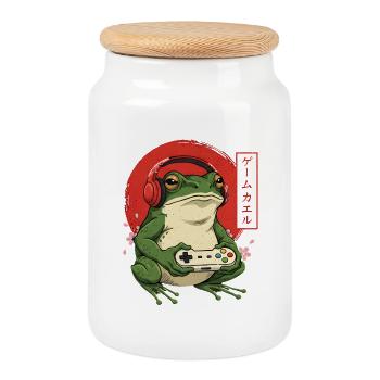 Retro Japanese Gamer Frog - Cookie Jar with Wooden Lid - white - Front