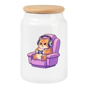 Niedliche Gamer-Katzen-Headset-Gaming-Stuhl-Kunst - Keksdose mit Holzdeckel - Weiß - Vorne