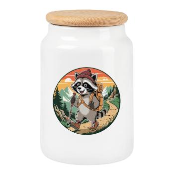 Happy Hiking Raccoon Adventure Trail Art - Cookie Jar with Wooden Lid - white - Front