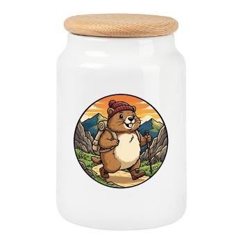 Happy Hiking Marmot Mountain Trail Art - Cookie Jar with Wooden Lid - white - Front