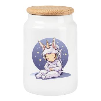 Kleines Einhorn im Meditationsmantel - Keksdose mit Holzdeckel - Weiß - Vorne