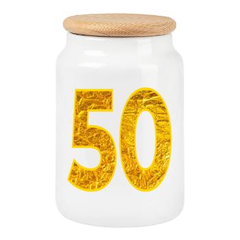 NUMBER 50th Birthday - Cookie Jar with Wooden Lid - white - Front