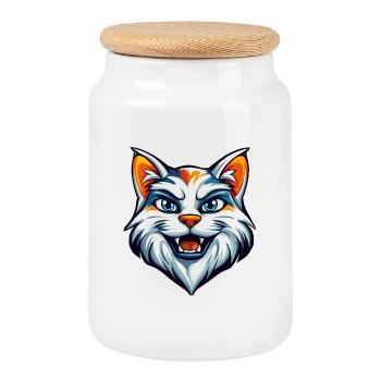 Mascotte féline féroce Logo - Boîte à biscuits avec couvercle en bois - blanc - Devant