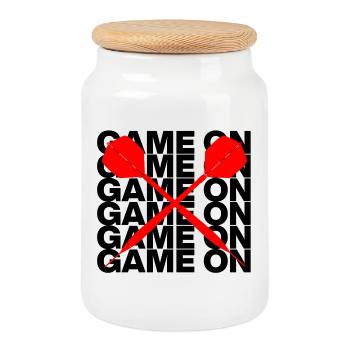 Game On: Dart Attack! ONEHUNDRETEIGHTY, Pfeile rot - Keksdose mit Holzdeckel - Weiß - Vorne
