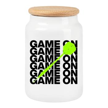 Game On: Dart Attack! ONEHUNDRETEIGHTY, Pfeil grün - Keksdose mit Holzdeckel - Weiß - Vorne
