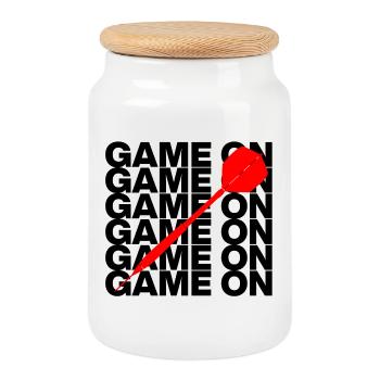 Game On: Dart Attack! ONEHUNDRETEIGHTY, Pfeil rot - Keksdose mit Holzdeckel - Weiß - Vorne