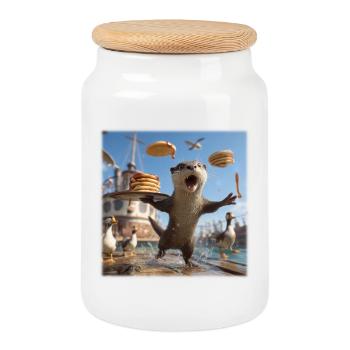 Funny Otter with Pancake Chaos Design - Cookie Jar with Wooden Lid - white - Front