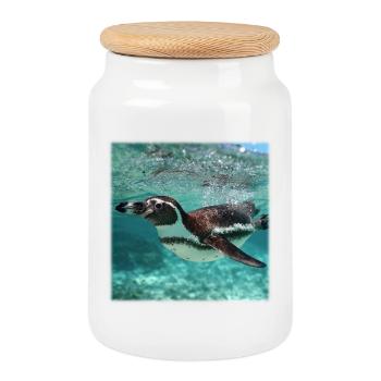 Penguin Underwater Turquoise Ocean Nature Design - Cookie Jar with Wooden Lid - white - Front